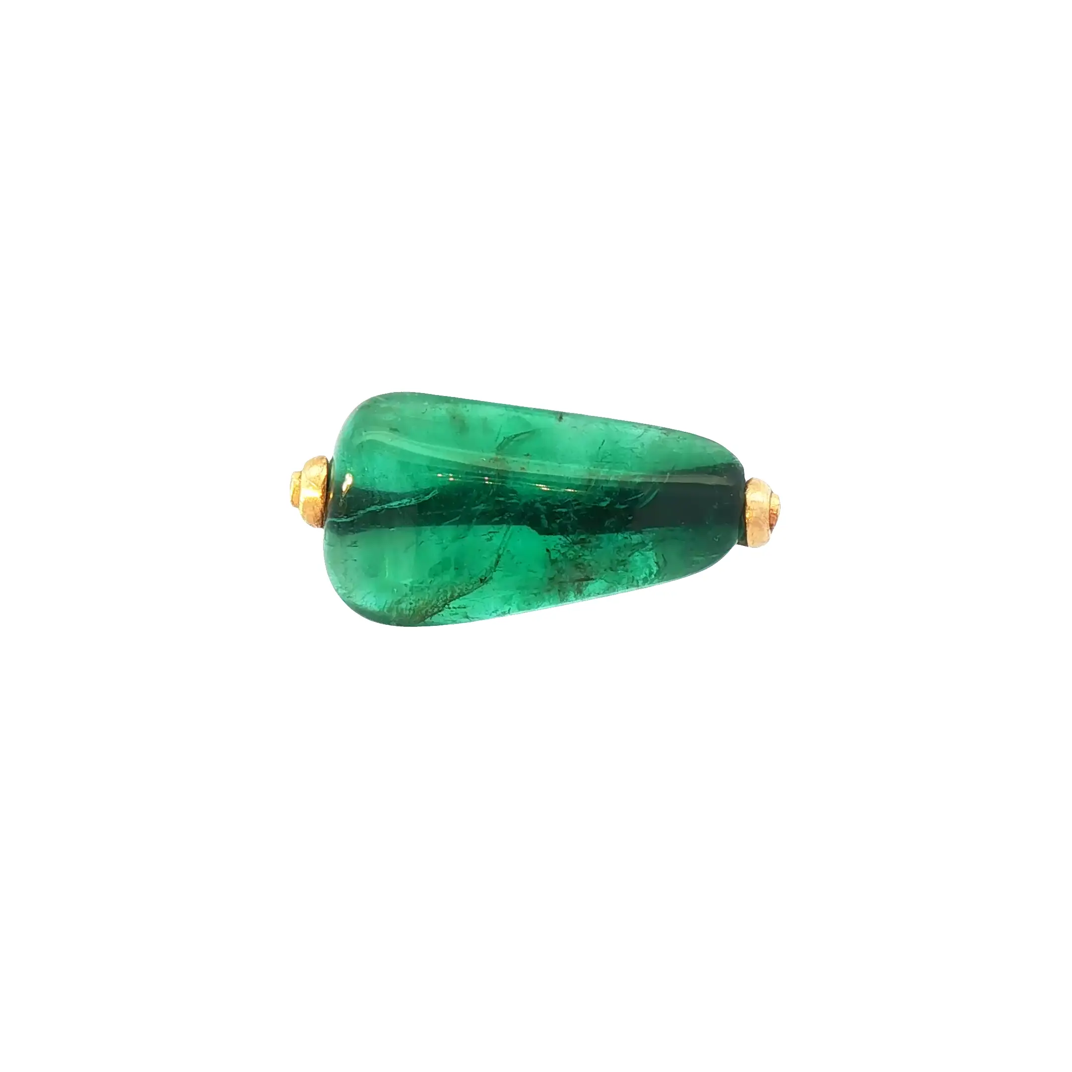 18K yellow gold ring set with a 15.20 ct natural emerald bead/cabochon and a 0.02 ct diamond accent.