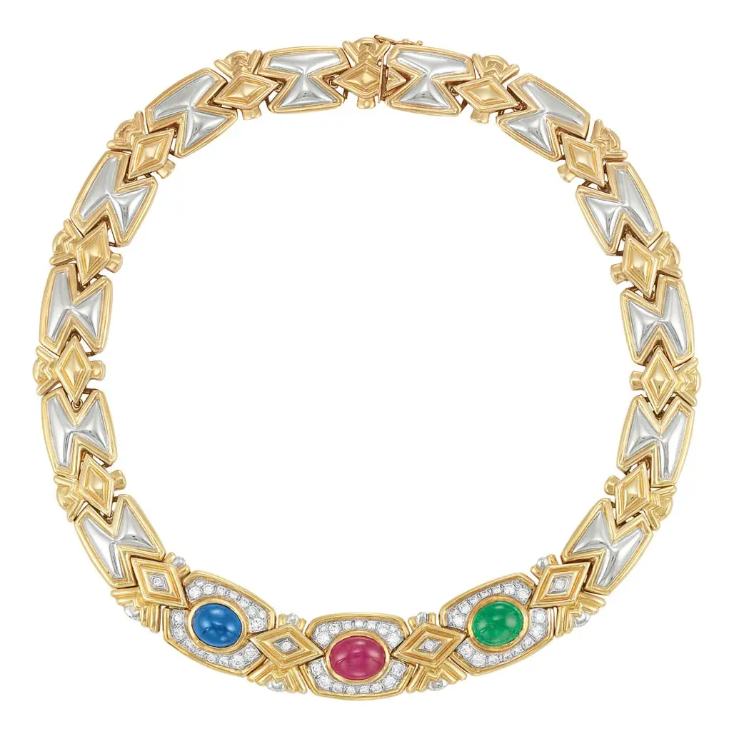 Two-color 18K gold collar necklace with cabochon sapphire, ruby and emerald framed by diamonds