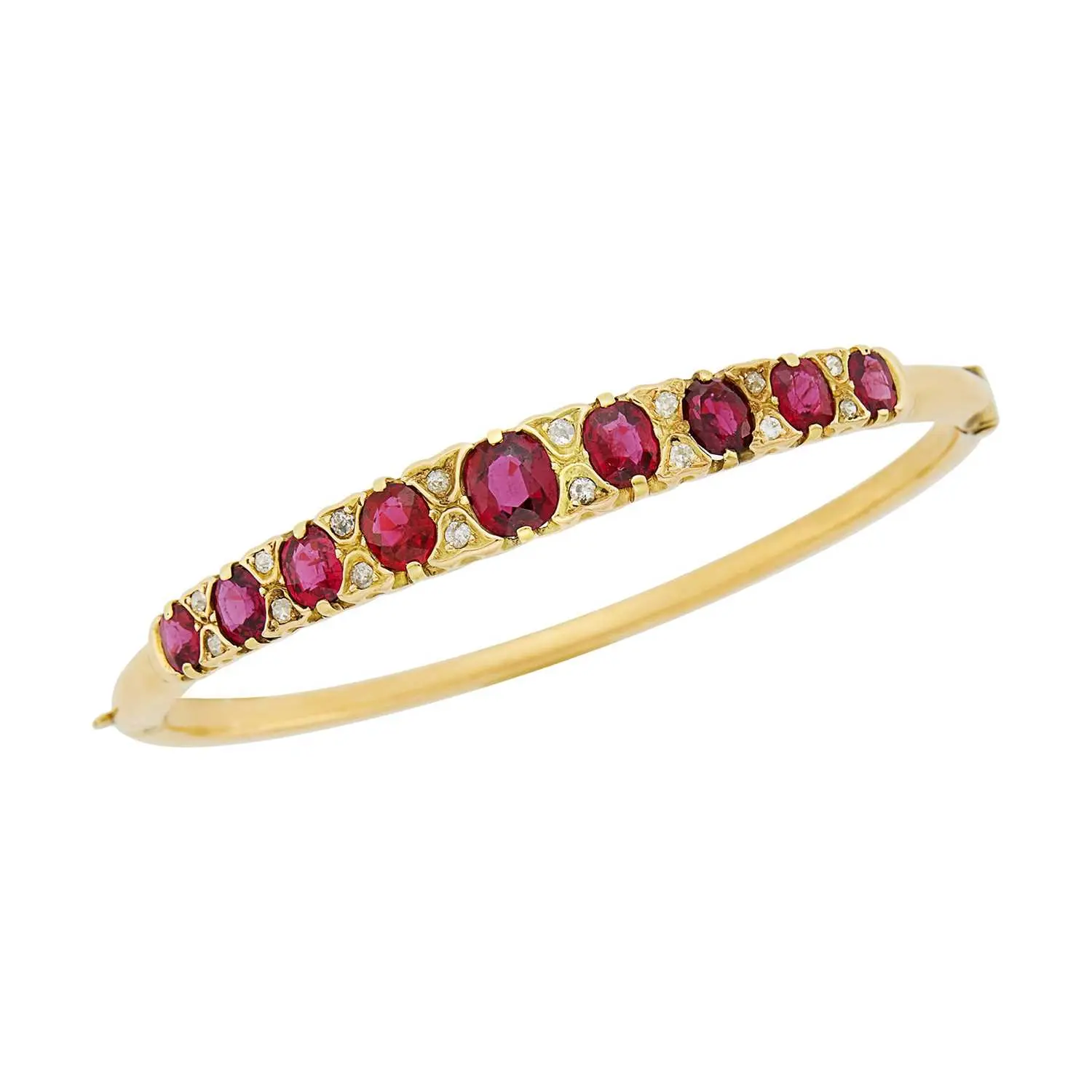 Antique c.1900 rose-gold bangle bracelet set with nine oval rubies (~4.40 cts) and old-mine cut diamonds; tests as 14K; inner circumference 6 3/4 in