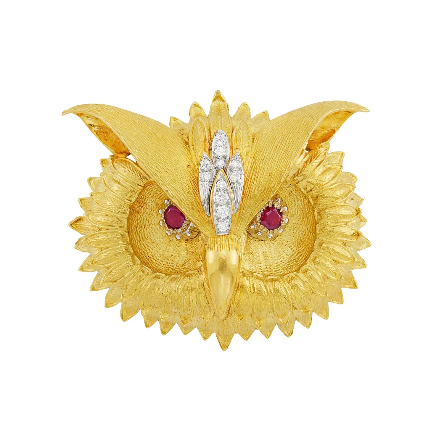 Hammerman Brothers gold owl pendant-brooch with garnet eyes and diamond accents, approx. 2 x 2 7/8 inches, length with loop ~2 3/4 inches.