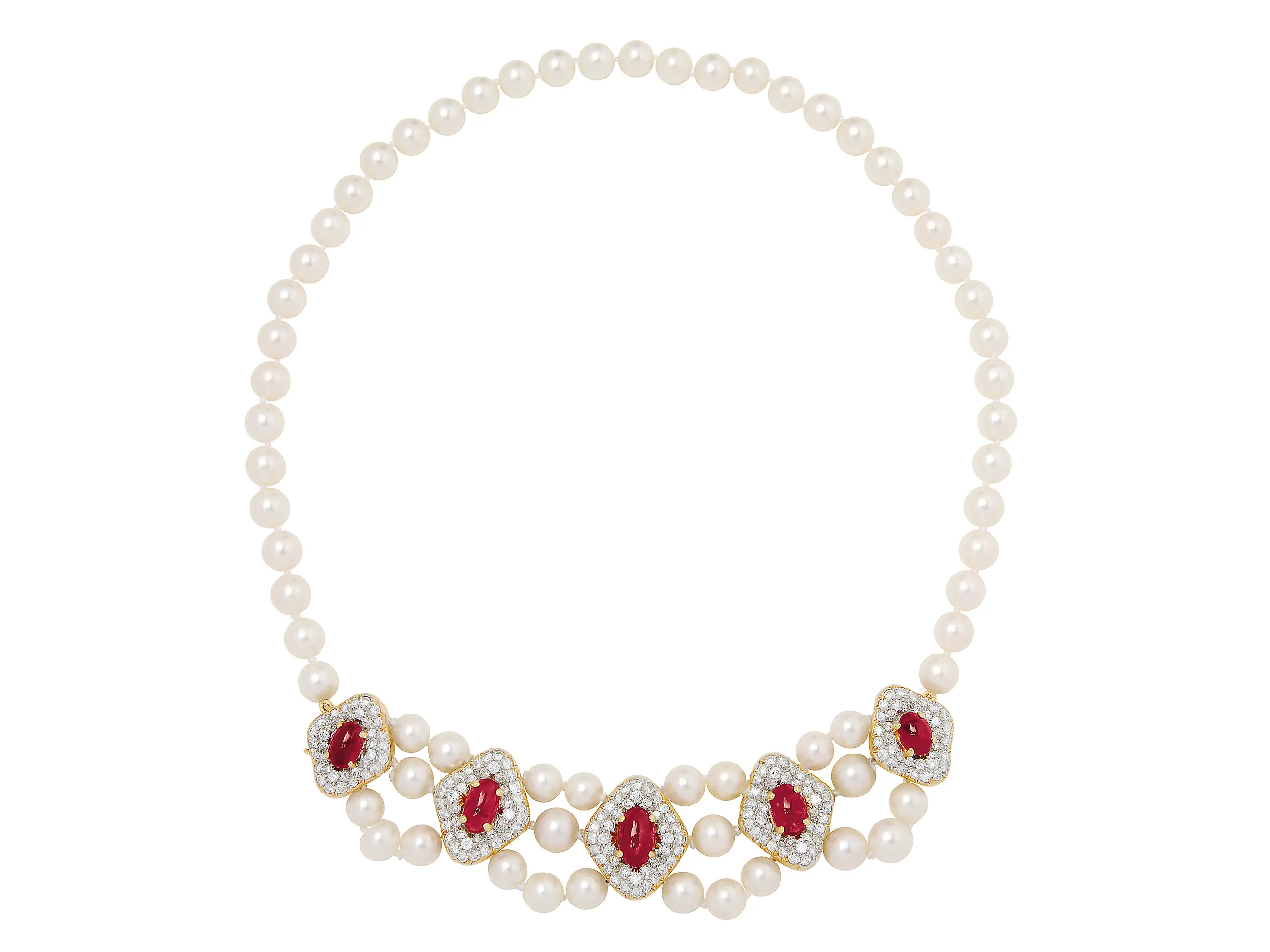 18K gold cultured-pearl necklace with five ruby navette and pavé-diamond fringe panels, 15 inches long