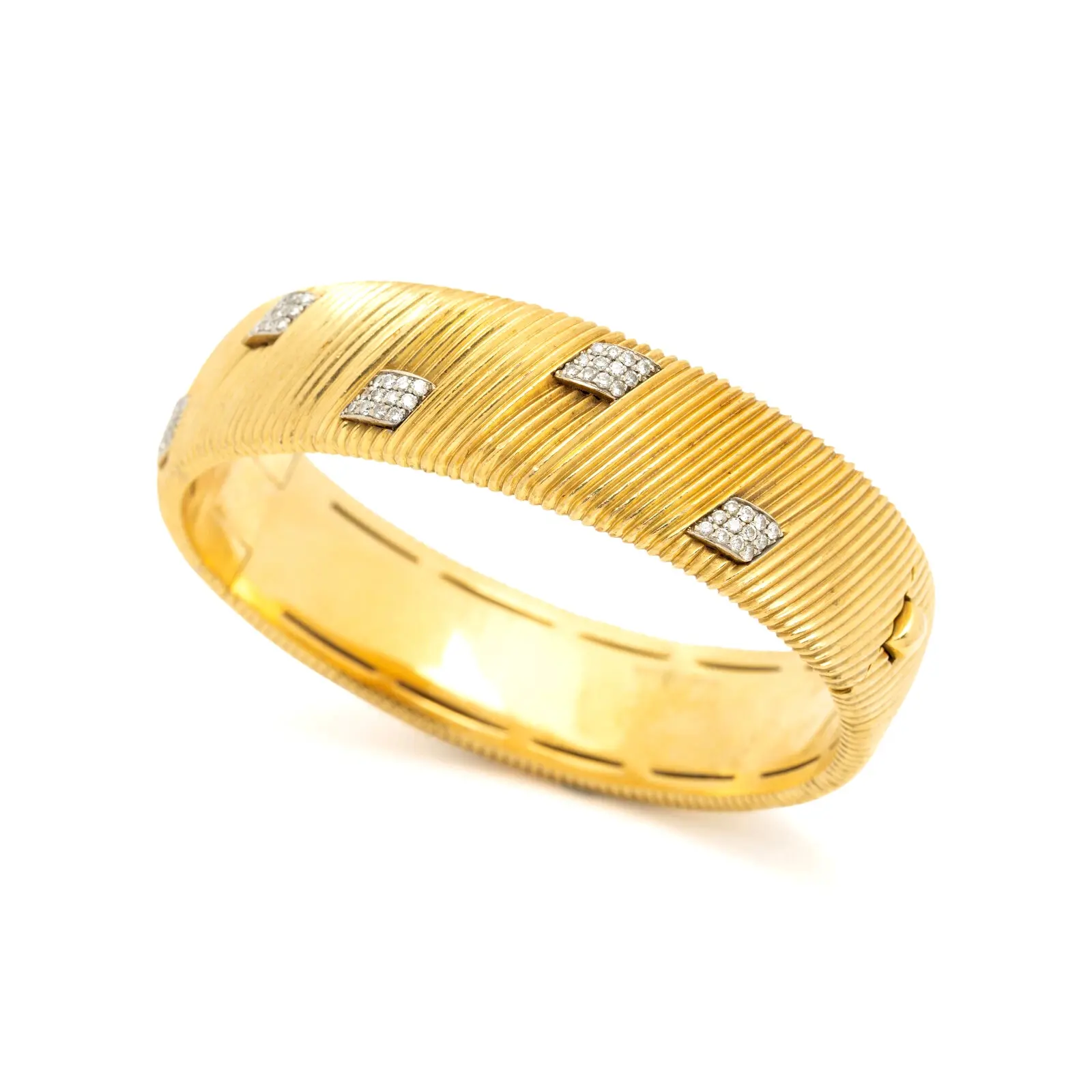 Roberto Coin bicolor (yellow & white) gold hinged diamond bangle, ~1.20 cts, 6.5-inch inner circumference, 15 mm wide.