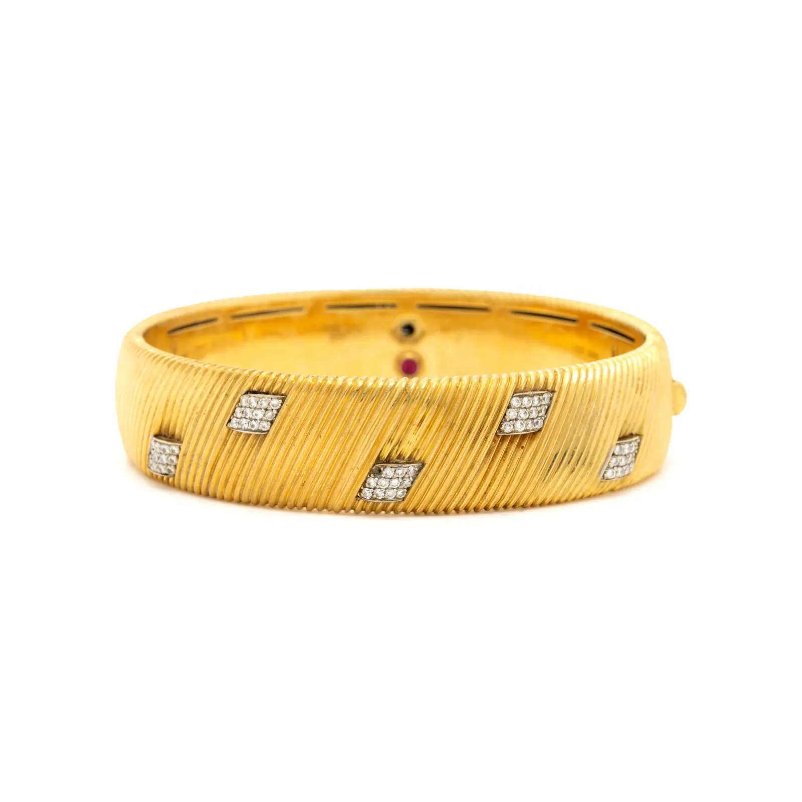 Roberto Coin bicolor (yellow & white) gold hinged diamond bangle, ~1.20 cts, 6.5-inch inner circumference, 15 mm wide.