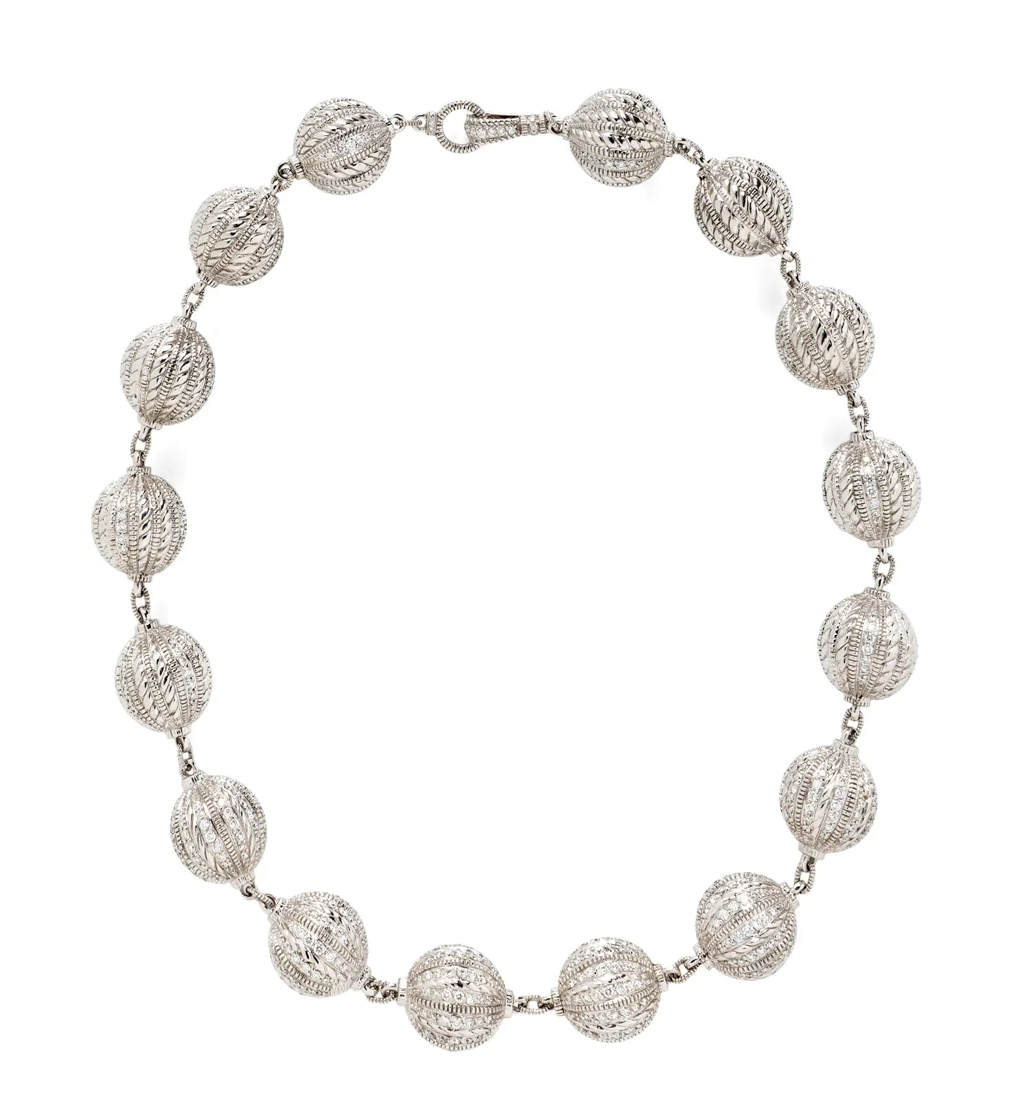 Judith Ripka 18K white gold diamond truffle-ball necklace with textured pavé spheres, approx. 18 inches long and 16 mm wide.