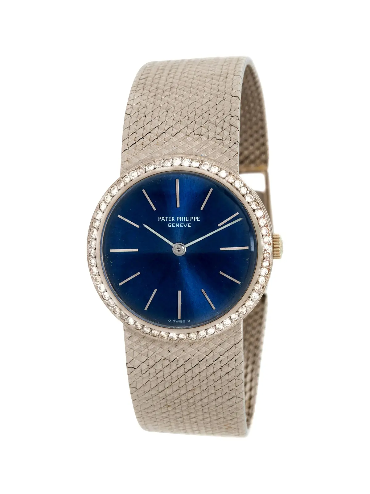 Patek Philippe Ref. 3338/2, 18K white gold jewelry bracelet watch, blue dial, diamond bezel (aftermarket), integrated gold bracelet, circa 1970s.
