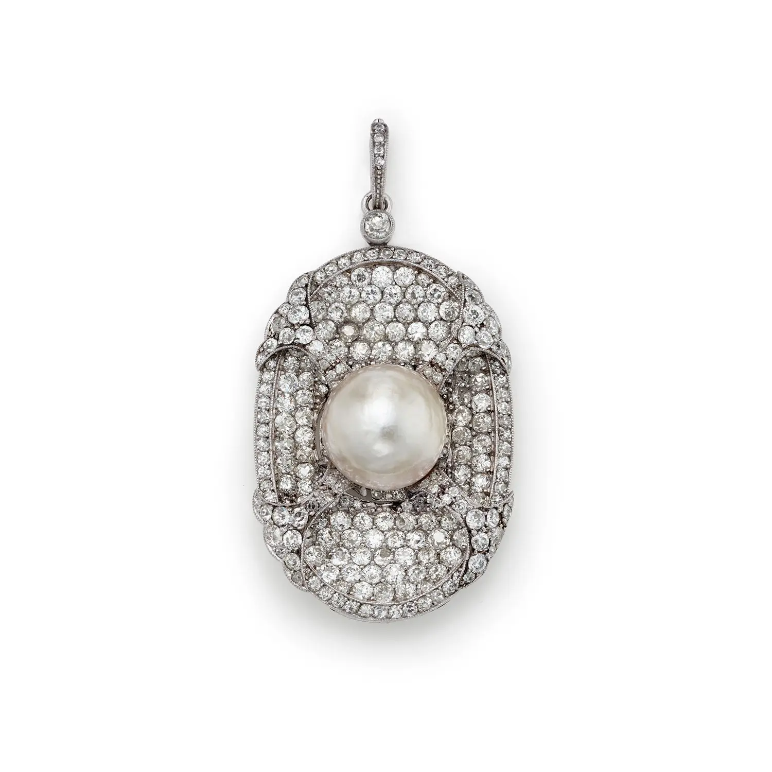 Natural saltwater pearl and diamond platinum pendant, button pearl with old European-cut diamonds