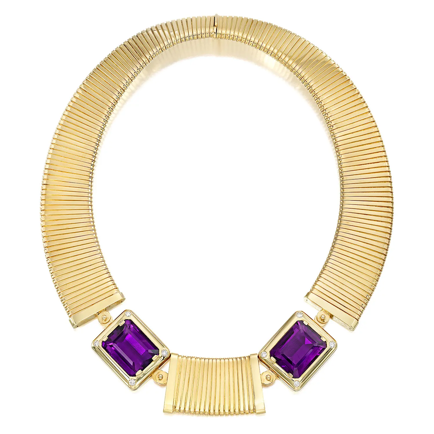 Carlo Weingrill 18K gold tubogas necklace with step-cut amethysts, styled editorial image