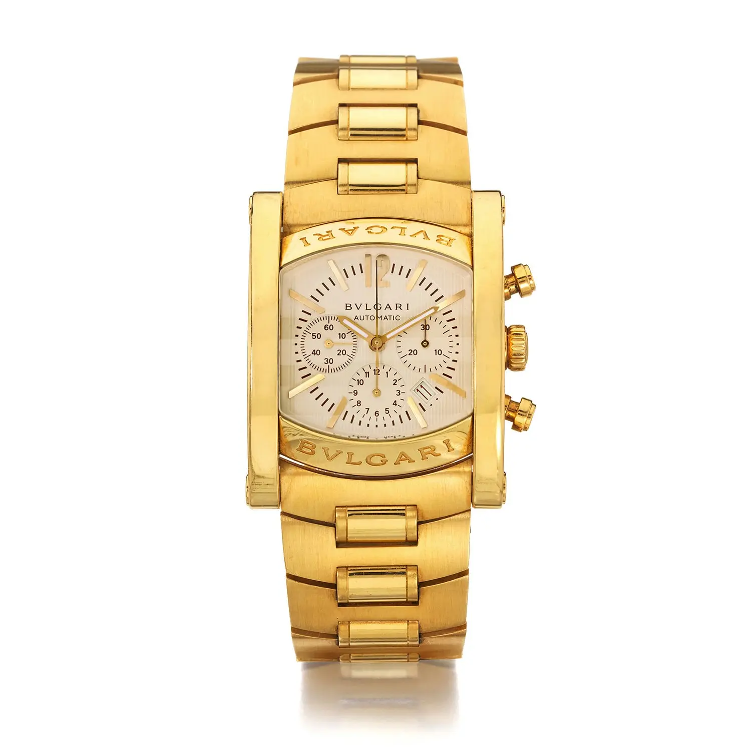 Bulgari Assioma automatic chronograph in 18K yellow gold with engraved BVLGARI bezel and gold bracelet, studio front view.