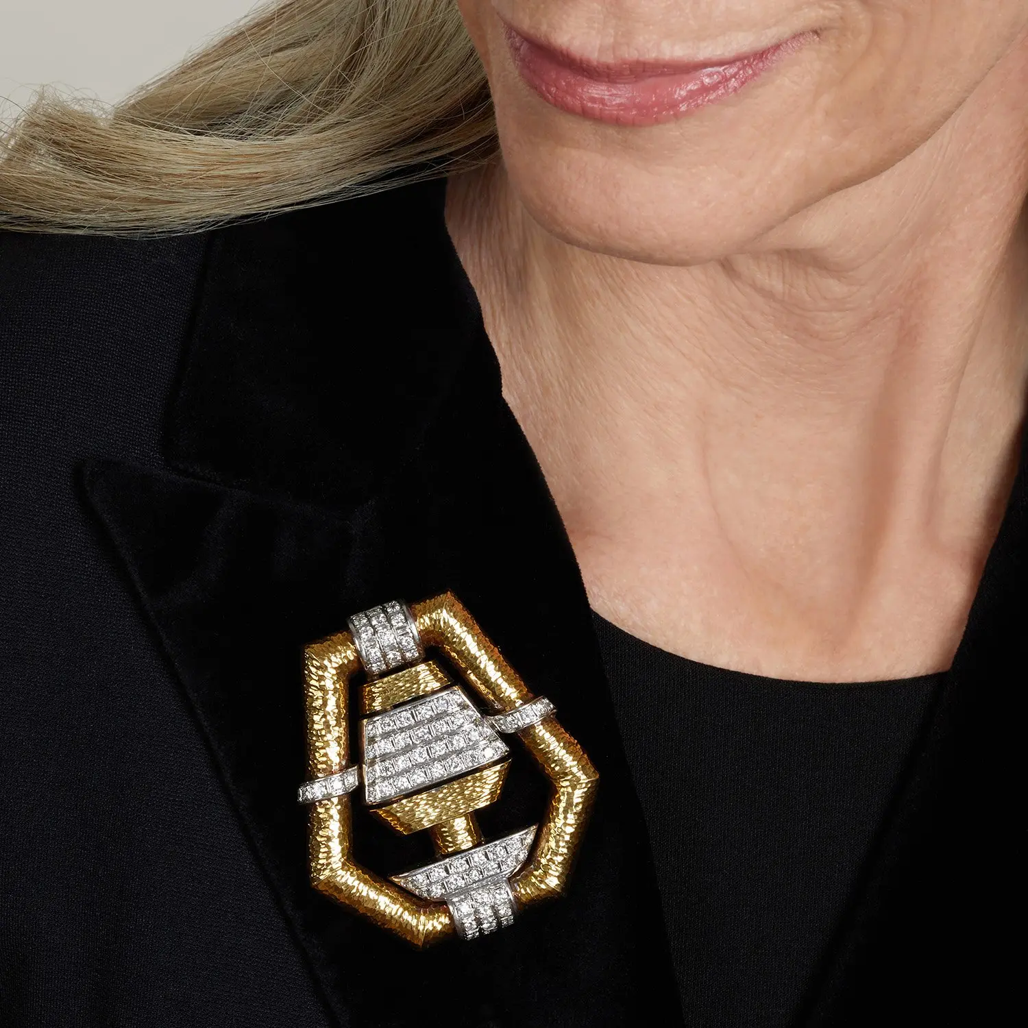 Diamond and 18K yellow and white gold geometric brooch, approx. 3.24 ctw round brilliant diamonds