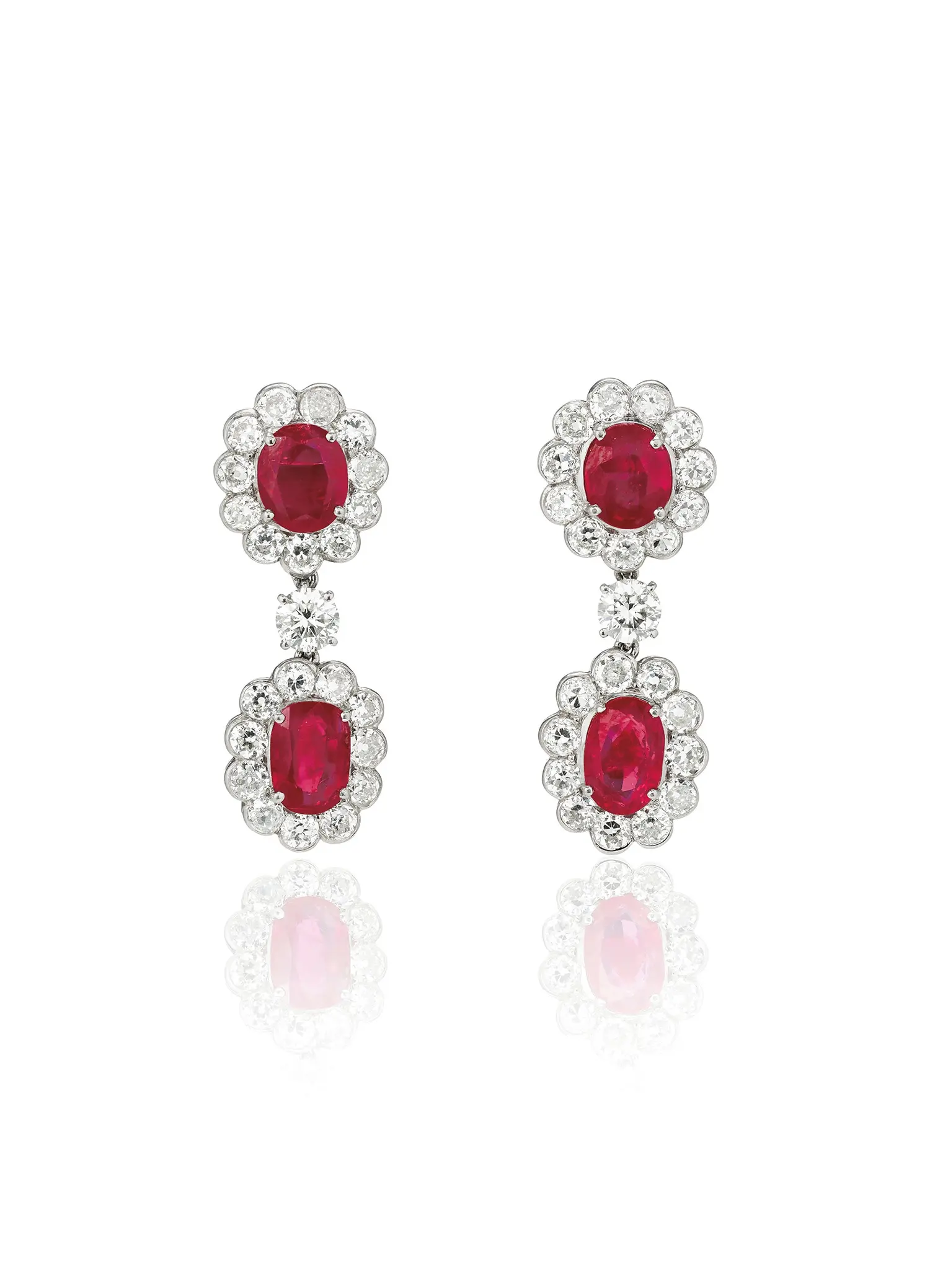 Platinum ruby and old European-cut diamond double-cluster earrings, Burmese no-heat rubies