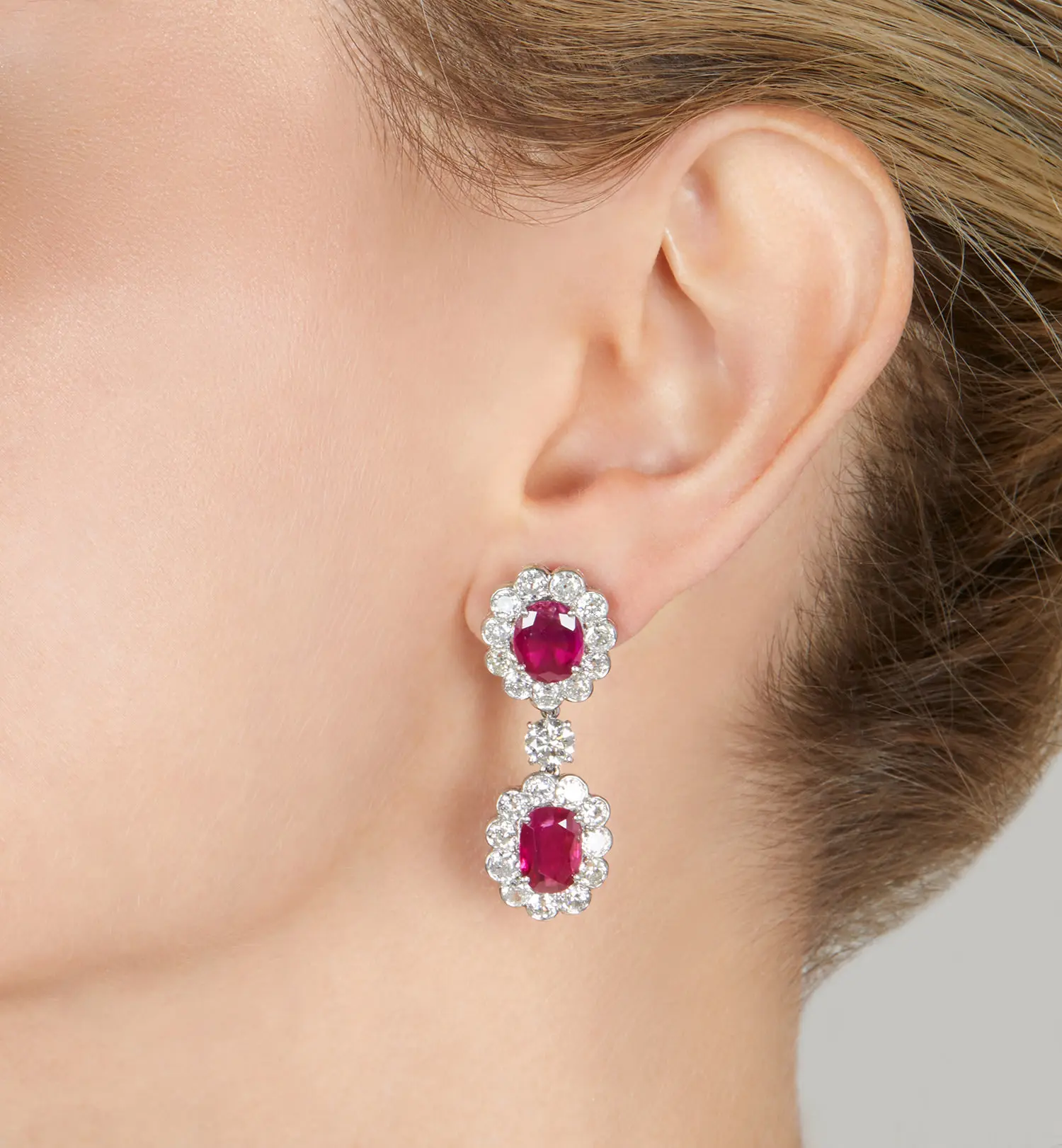 Platinum ruby and old European-cut diamond double-cluster earrings, Burmese no-heat rubies
