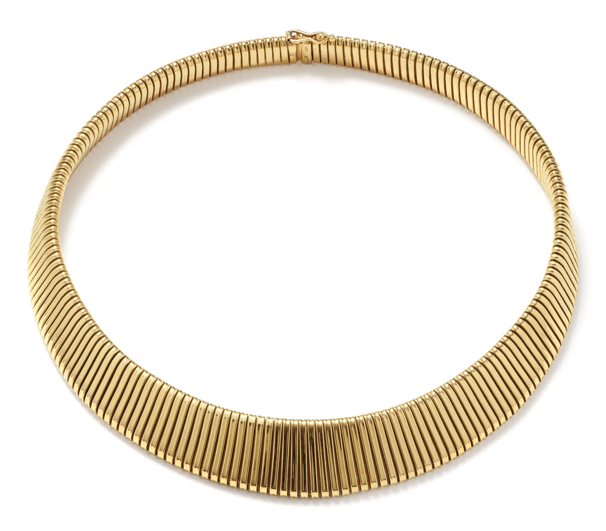 Retro 18K gold Tubogas collar worn on neck, close-fit 15-inch length