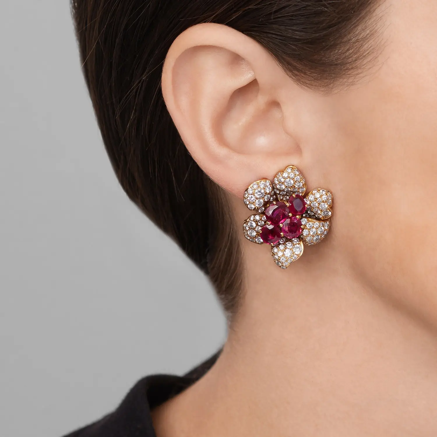 Burmese ruby and diamond double-flower earrings in 18K gold-topped platinum