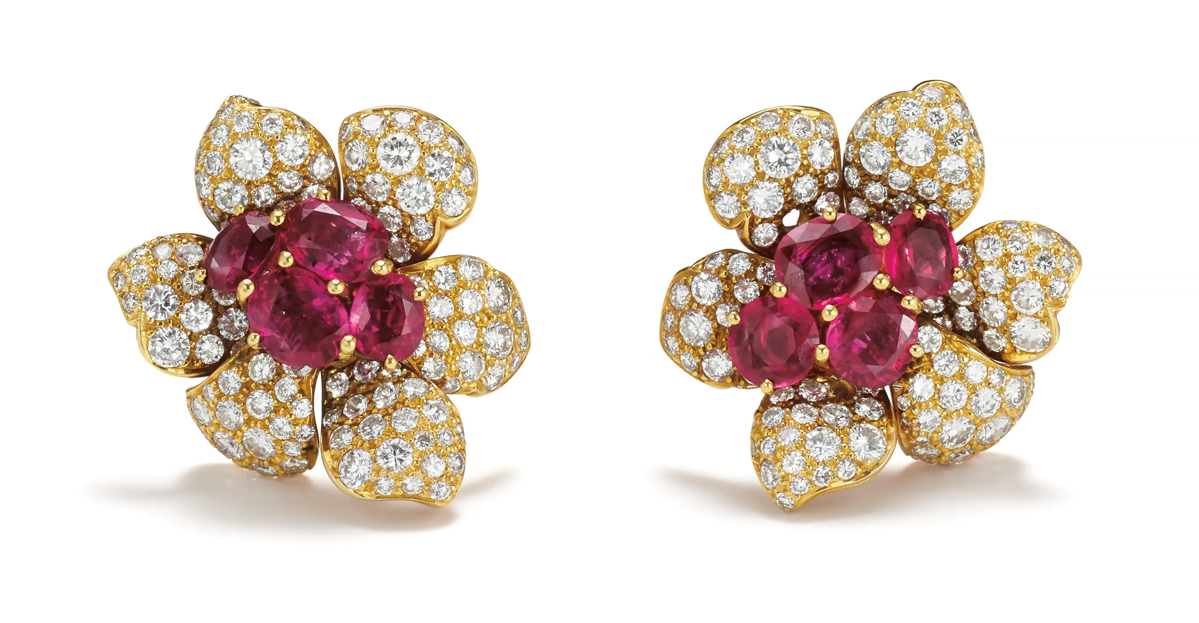 Burmese ruby and diamond double-flower earrings in 18K gold-topped platinum