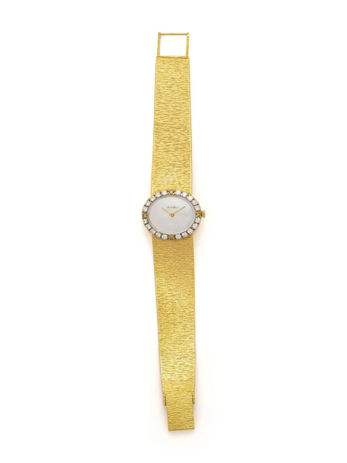 A Bueche Girard ladies' watch with a diamond bezel and a mother-of-pearl dial on a white background.