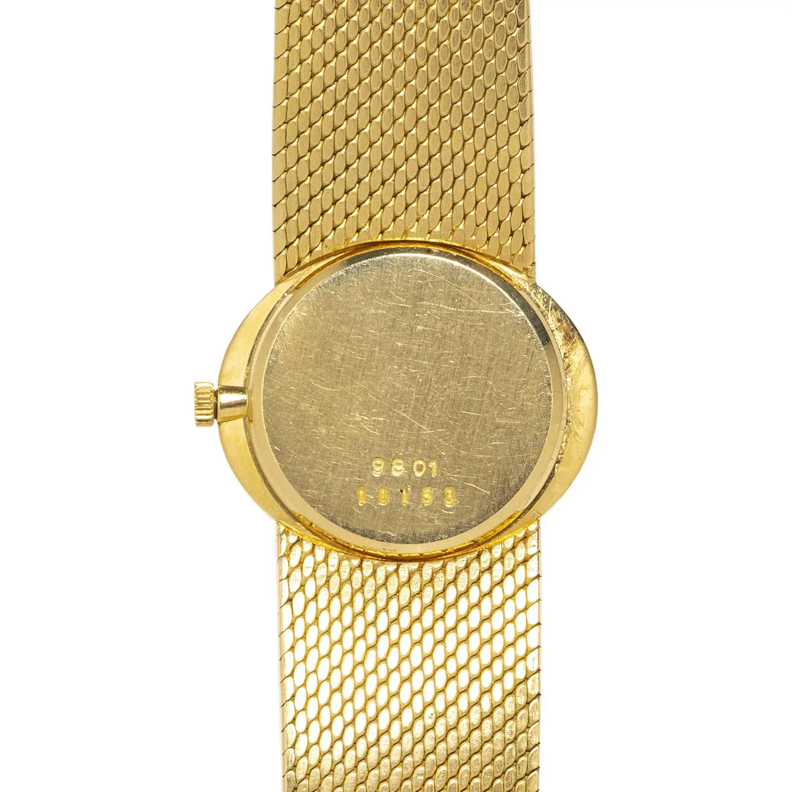 A Bueche Girard ladies' watch with a diamond bezel and a mother-of-pearl dial on a white background.