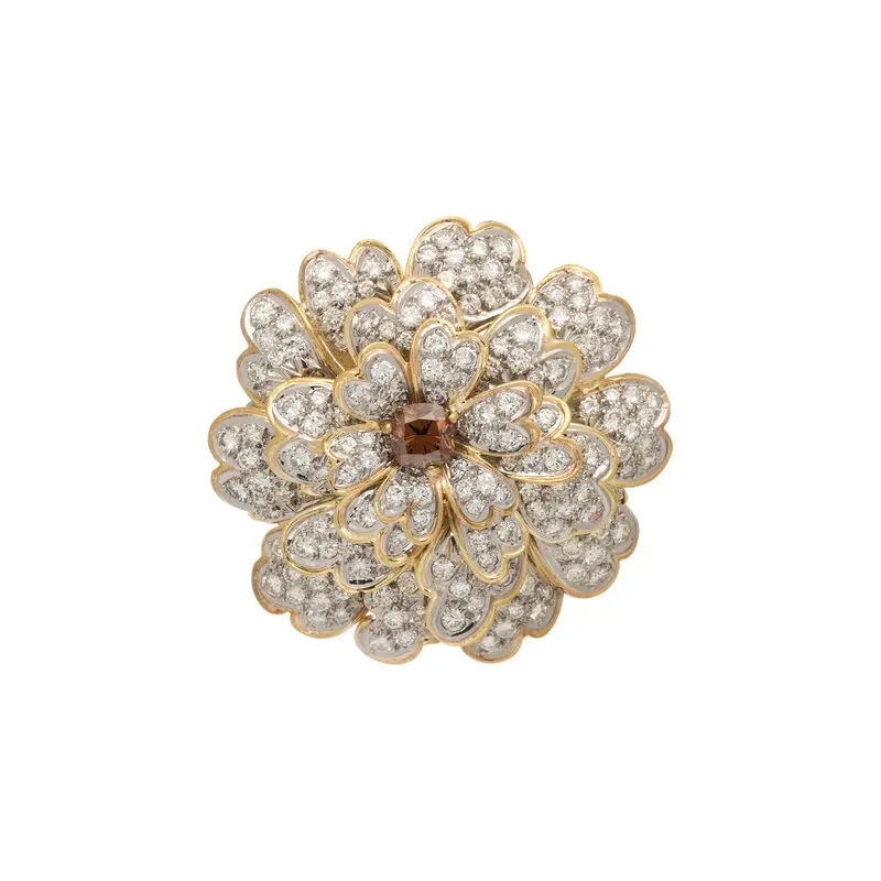 Erwin Pearl diamond and colored diamond flower brooch in 18K yellow gold and platinum with cushion-cut brown diamond center and pavé diamond petals.