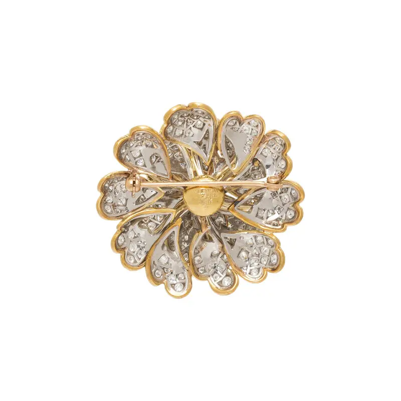 Erwin Pearl diamond and colored diamond flower brooch in 18K yellow gold and platinum with cushion-cut brown diamond center and pavé diamond petals.