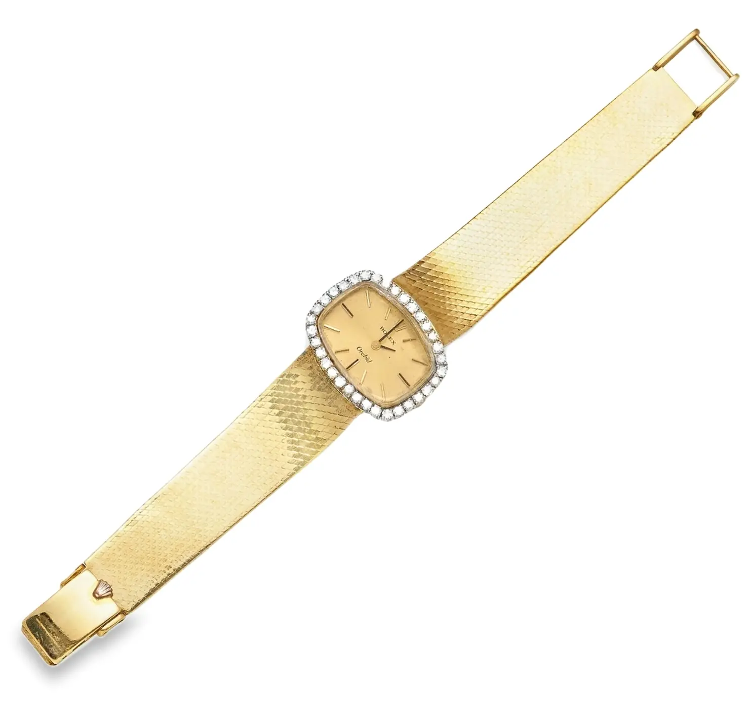 Rolex Orchid ladies’ wristwatch in 18K yellow gold with diamond bezel and golden dial, integral mesh bracelet, ref. 267501