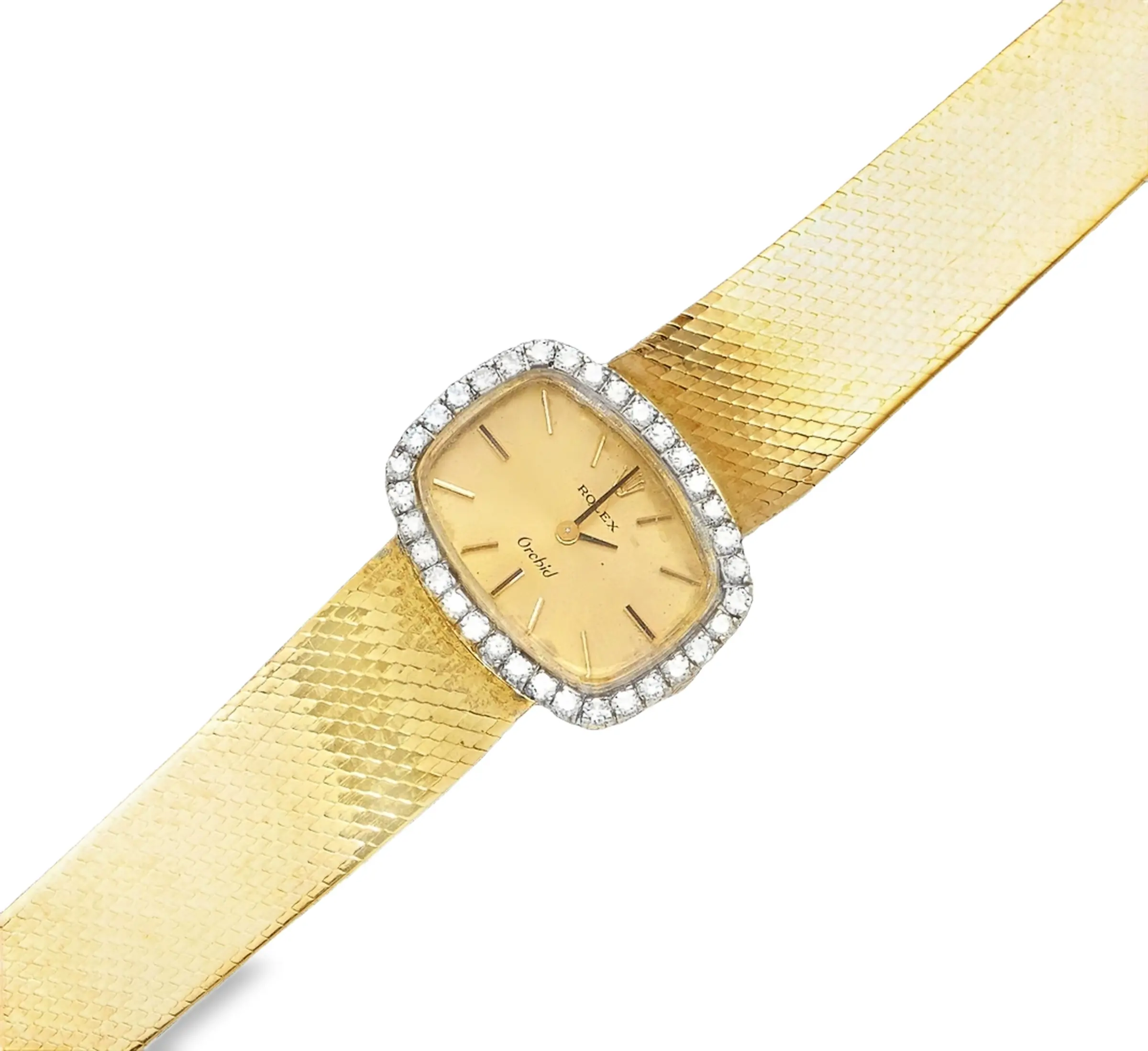 Rolex Orchid ladies’ wristwatch in 18K yellow gold with diamond bezel and golden dial, integral mesh bracelet, ref. 267501