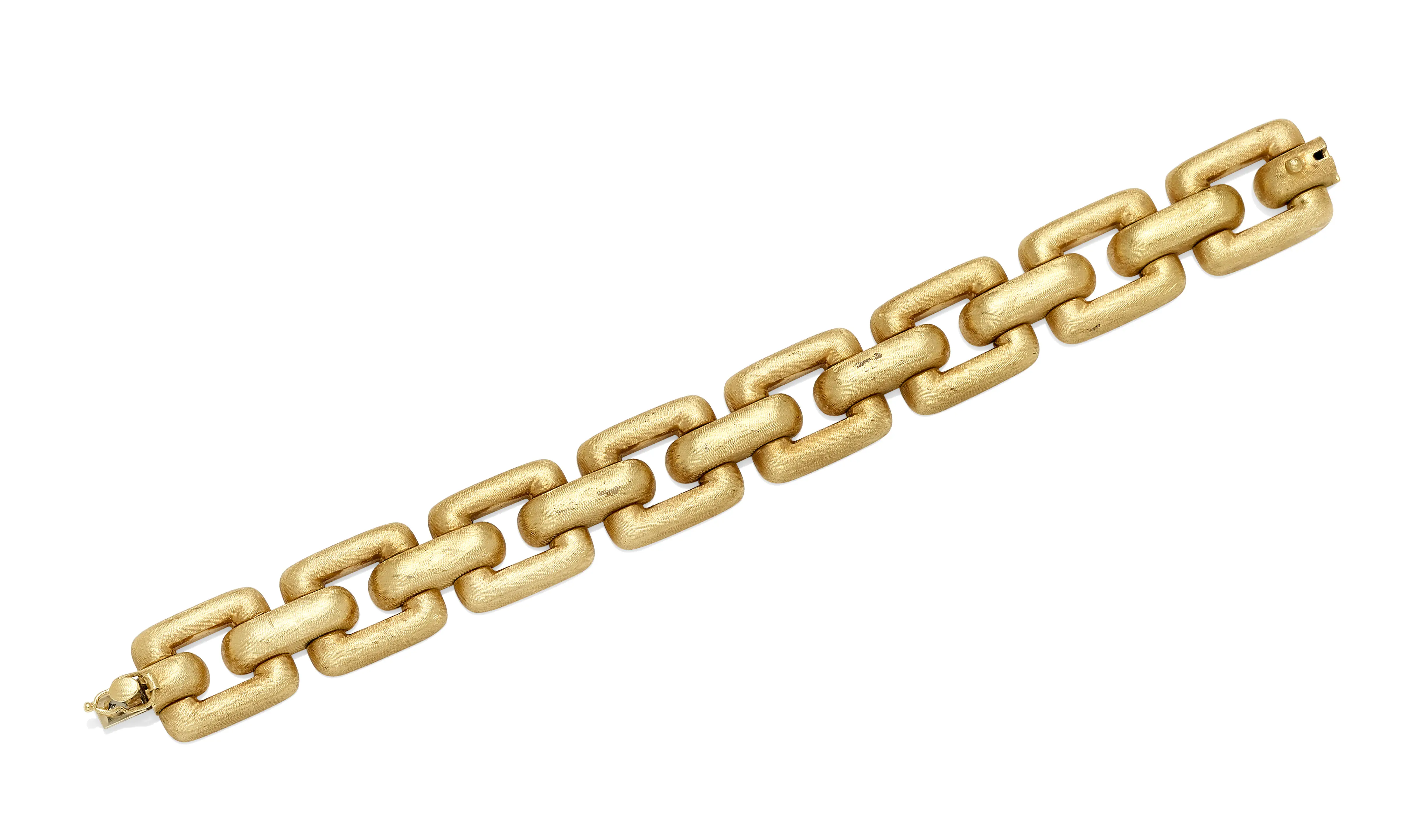 18K yellow-gold textured link bracelet with alternating rectangular and half-round links, hidden fold-over clasp with safety, 7-inch length