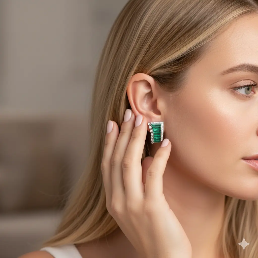 Pair of Art Deco palladium ear clips set with octagonal step-cut Colombian emeralds in a fan motif, bordered by colorless diamonds, 7/8-inch length