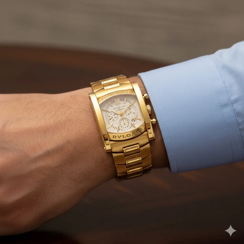 Bulgari Assioma automatic chronograph in 18K yellow gold with engraved BVLGARI bezel and gold bracelet, studio front view.