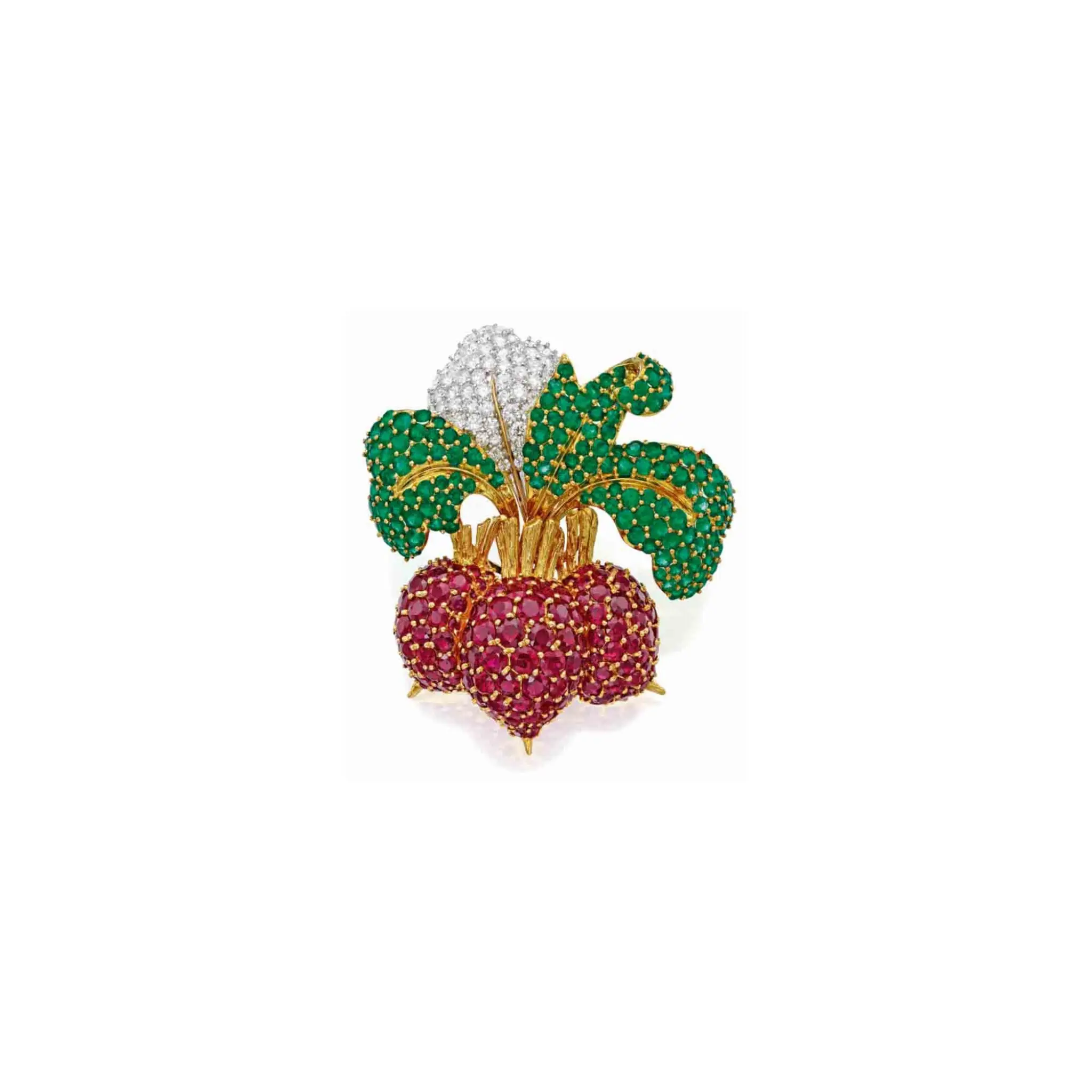 Nicholas Varney “Radish” clip-brooch with pavé ruby radishes, emerald leaf canopy and diamond accents, signed Nick Varney