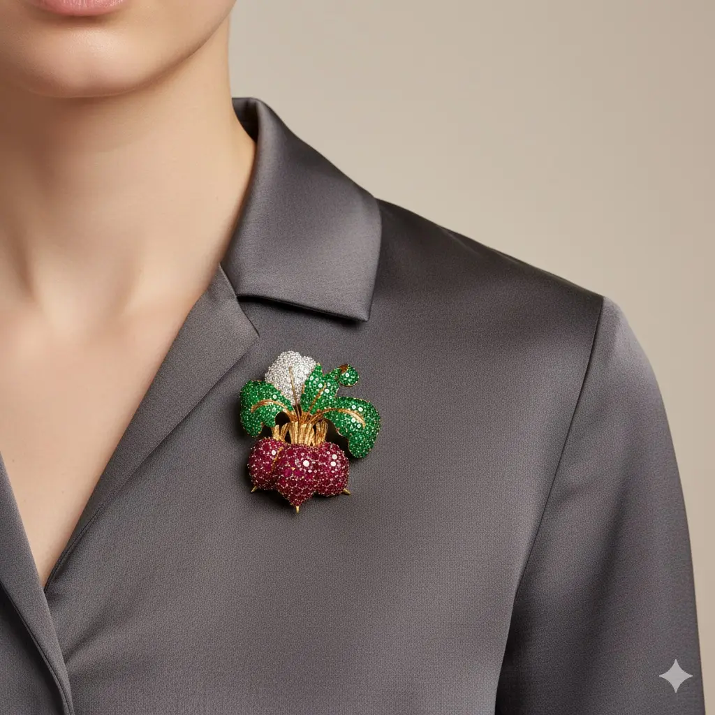 Nicholas Varney “Radish” clip-brooch with pavé ruby radishes, emerald leaf canopy and diamond accents, signed Nick Varney