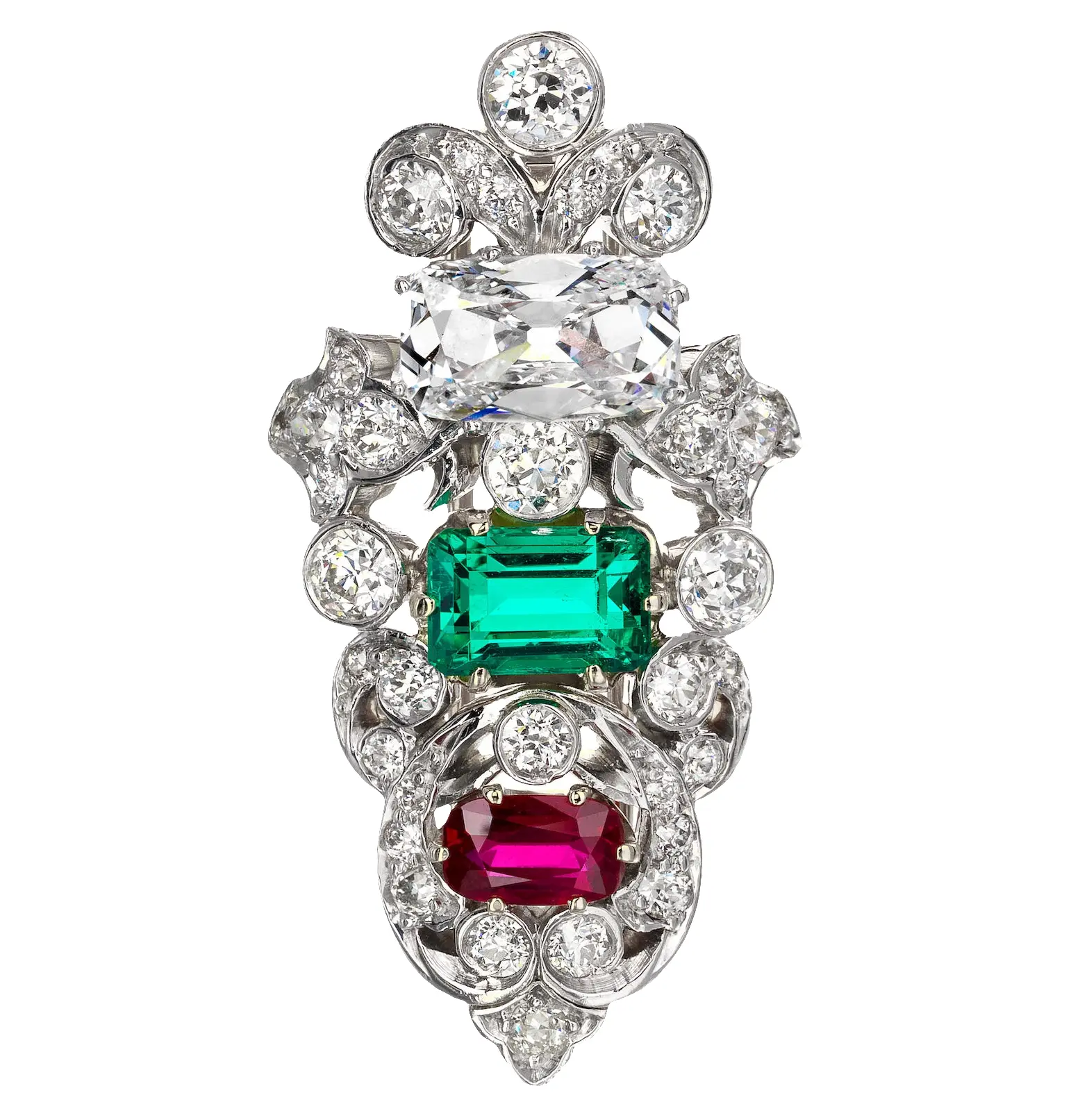 Belle Époque platinum and 14K gold brooch with 1.39 ct D/VS1 old mine-cut diamond, ~1.50 ct Colombian emerald, ~0.60 ct Burmese ruby, c.1900, pavé old European-cut diamonds.