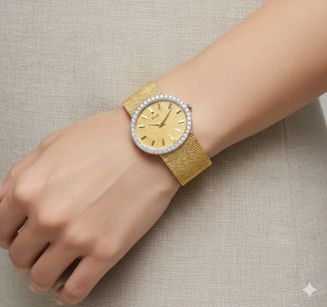 Piaget 9806A6 oval 27 mm wristwatch in 18K yellow gold with round brilliant diamond-set bezel and integrated bracele