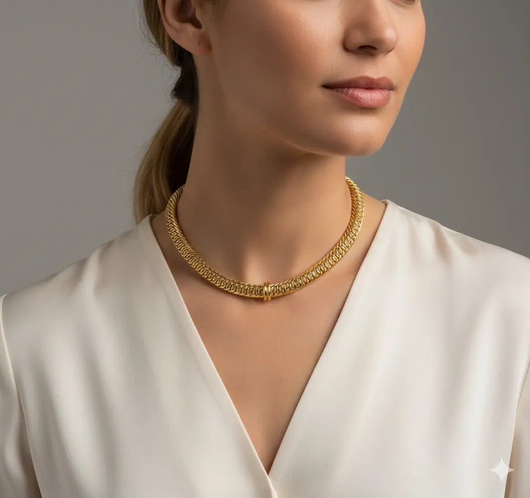 Reversible 18K yellow-gold collar necklace with central slide-pendant, articulated links, approximately 16.5 inches in length.