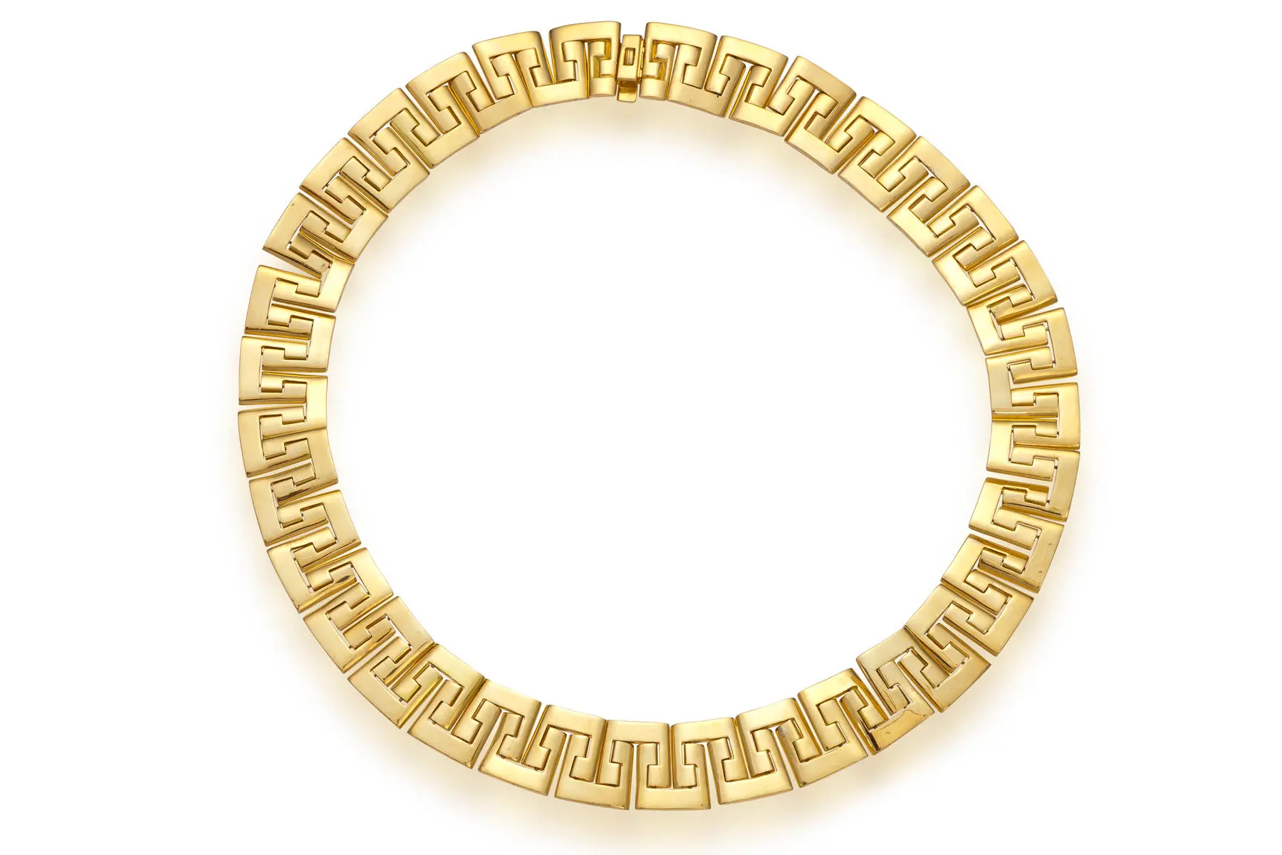 Solid 18K yellow-gold necklace composed of articulated interlocking Greek-key (meander) links