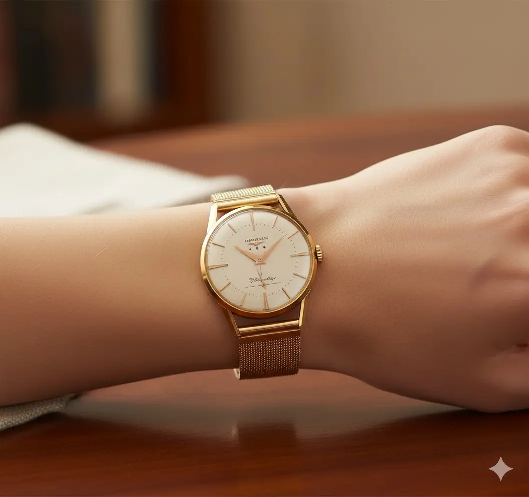 Longines “Flagship” vintage wristwatch in 18K yellow gold, 33 mm case, circular dial with gold baton indexes and hands, on a later bracele