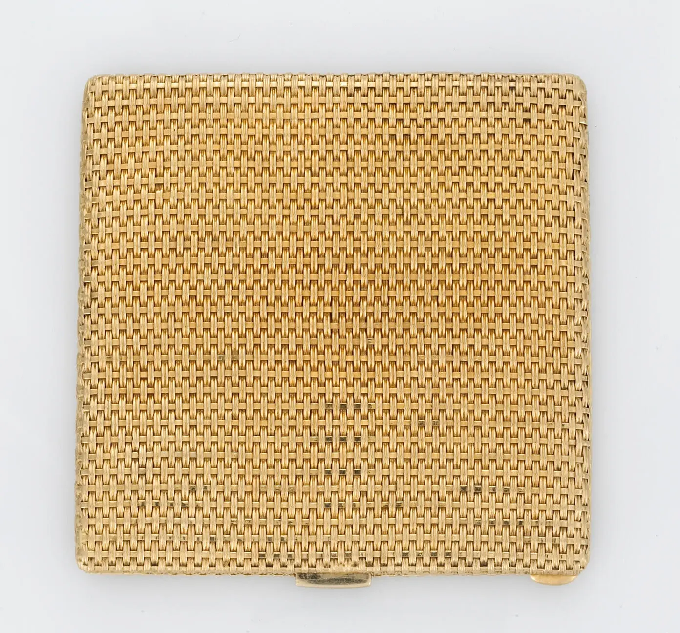 Square 18K yellow-gold cigarette case with woven mesh texture, approximately 3 3/4 by 3 3/4 by 1/4 inches.