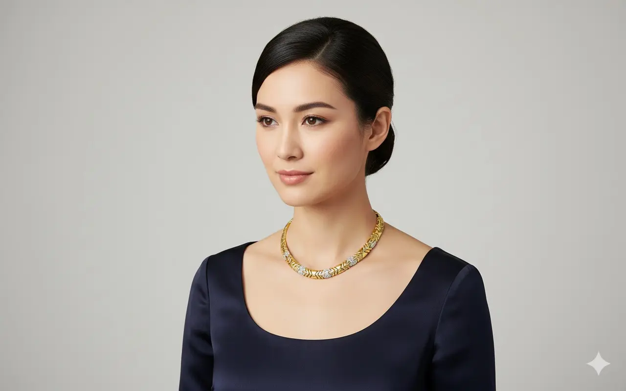 18K yellow-gold geometric collar necklace with four pavé-set round brilliant-cut diamond panels, 14 inches long.