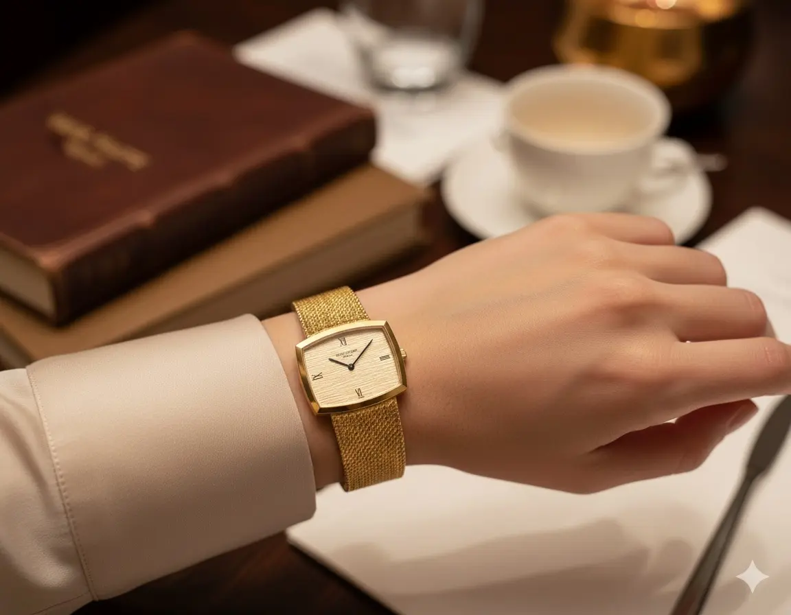 Patek Philippe ref 3528/1 gentleman’s 18K gold cushion-case manual-wind wristwatch on tapering gold bracelet, worn on wrist, circa 1965, with original box