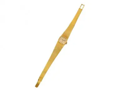 Vintage Omega 18K gold cushion-case manual-wind wristwatch with gilt dial and integrated tapering mesh bracelet, case no. 8179 B36636