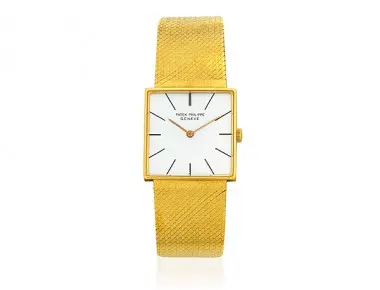 Vintage Patek Philippe ref. 3503/2 18K gold square wristwatch with white baton dial and integrated tapering mesh bracelet, 26 mm case, circa 1960