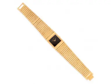 Piaget ref. 9131 C16 vintage 18K yellow-gold bracelet watch with square black dial and integrated tapering textured bracelet, circa 1980
