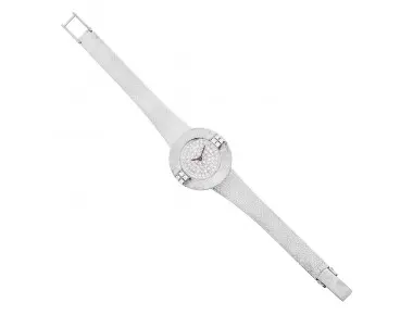 Lady’s 18K white gold wristwatch with wide bezel accented by two quartets of round diamonds and a pavé-set diamond dial, manual wind, integrated mesh bracelet, 26 mm