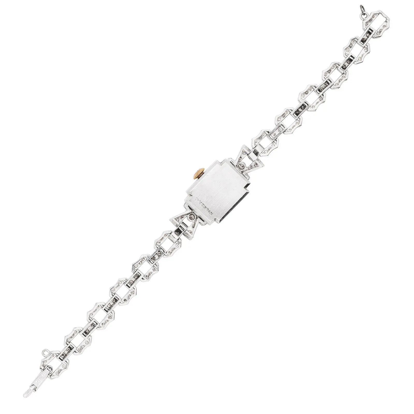 Lady’s Doxa Art Deco platinum wristwatch with square silvered dial, manual movement and integrated diamond-set fancy-link bracelet, approx. 1.10 cts G–H/VS