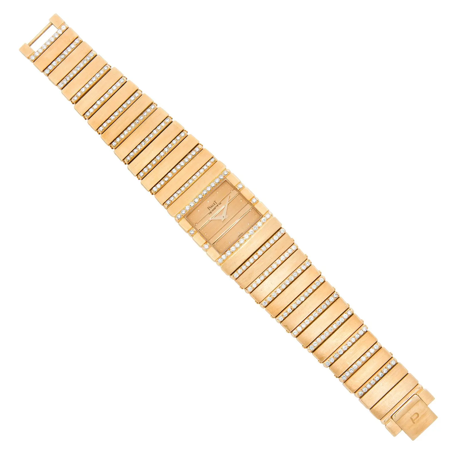 Piaget Polo 18K yellow gold wristwatch, ref. 7131 C 701, 25 mm square dial with integrated bracelet and later diamond lines, quartz cal. 7P3