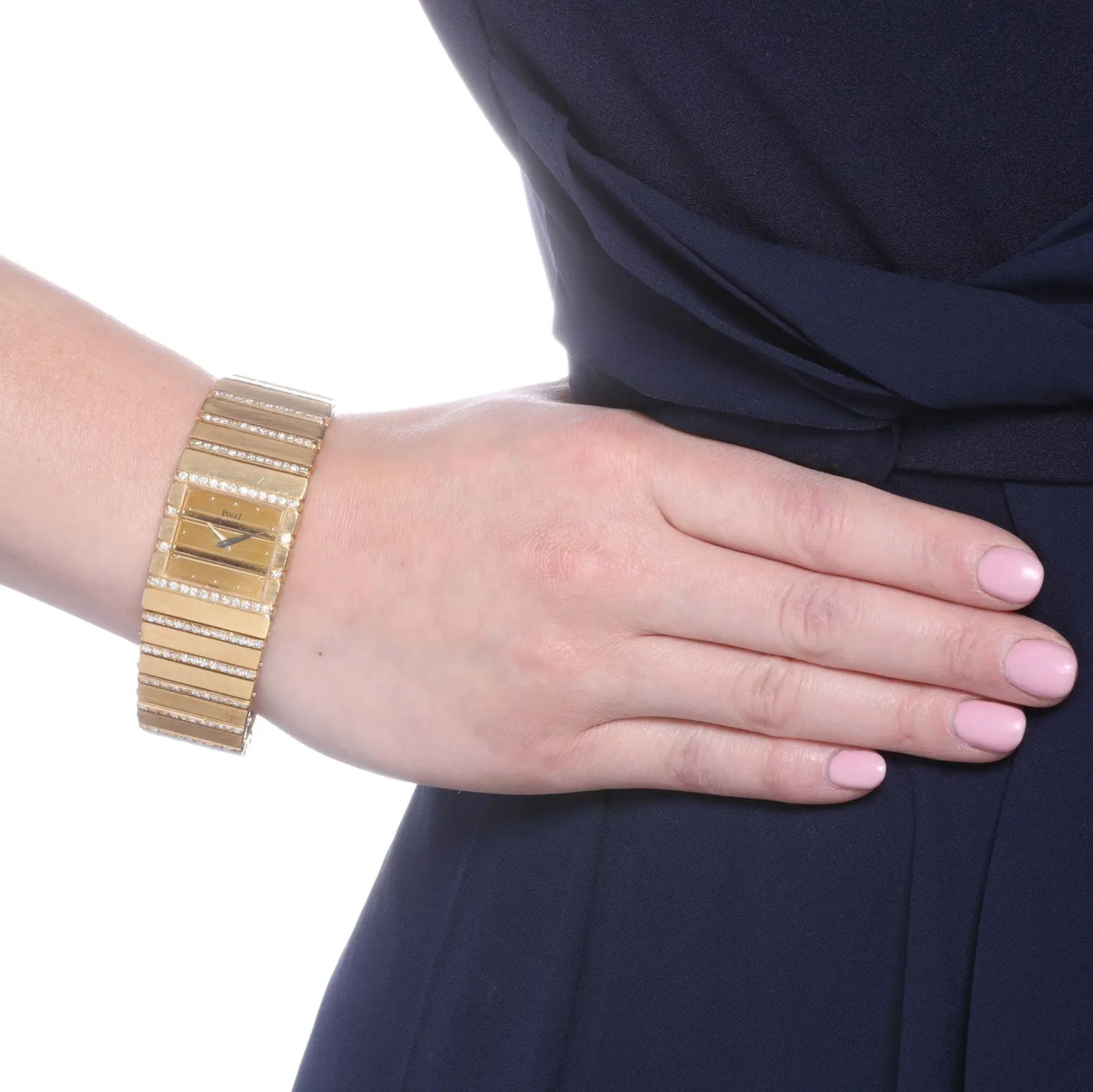 Piaget Polo 18K yellow gold wristwatch, ref. 7131 C 701, 25 mm square dial with integrated bracelet and later diamond lines, quartz cal. 7P3