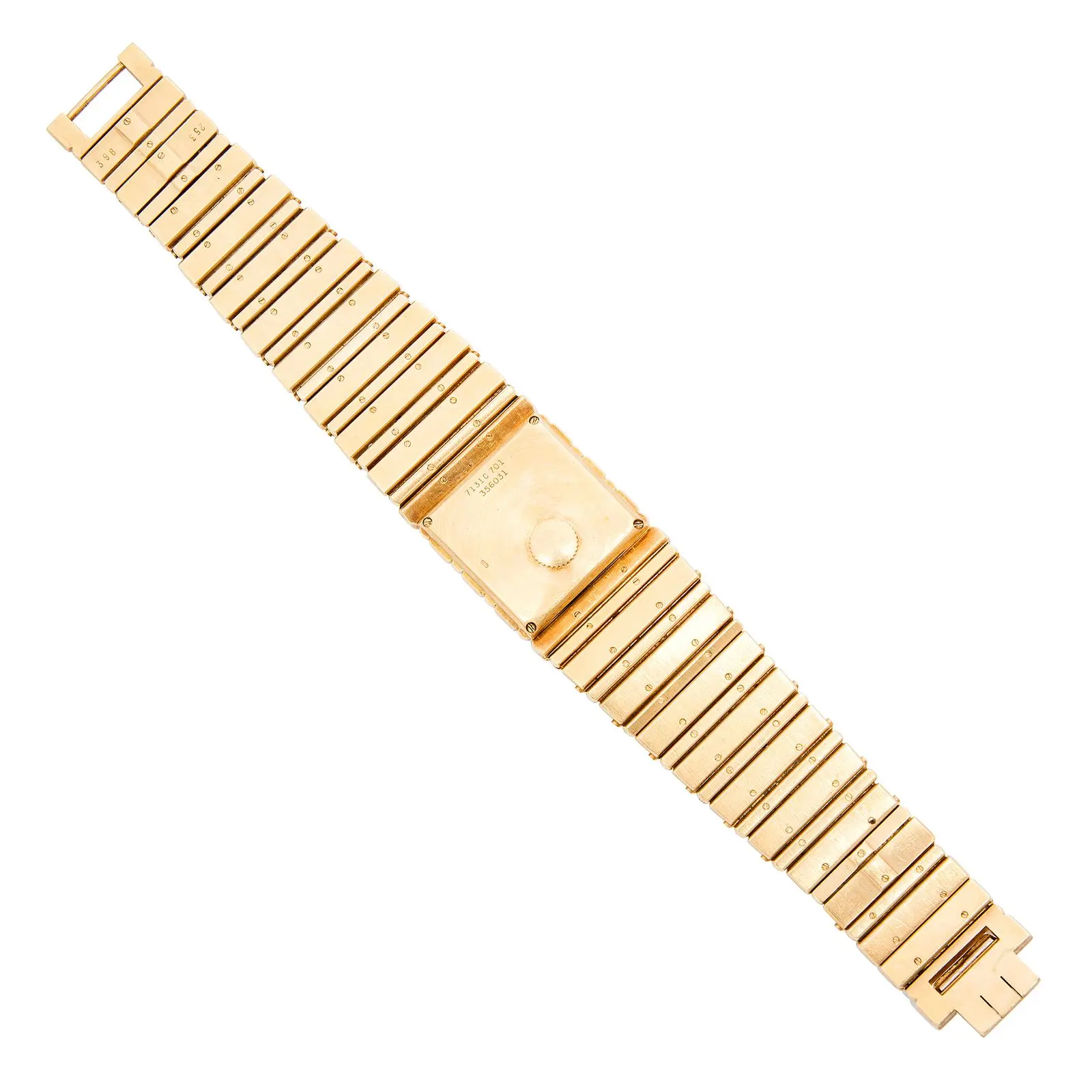 Piaget Polo 18K yellow gold wristwatch, ref. 7131 C 701, 25 mm square dial with integrated bracelet and later diamond lines, quartz cal. 7P3