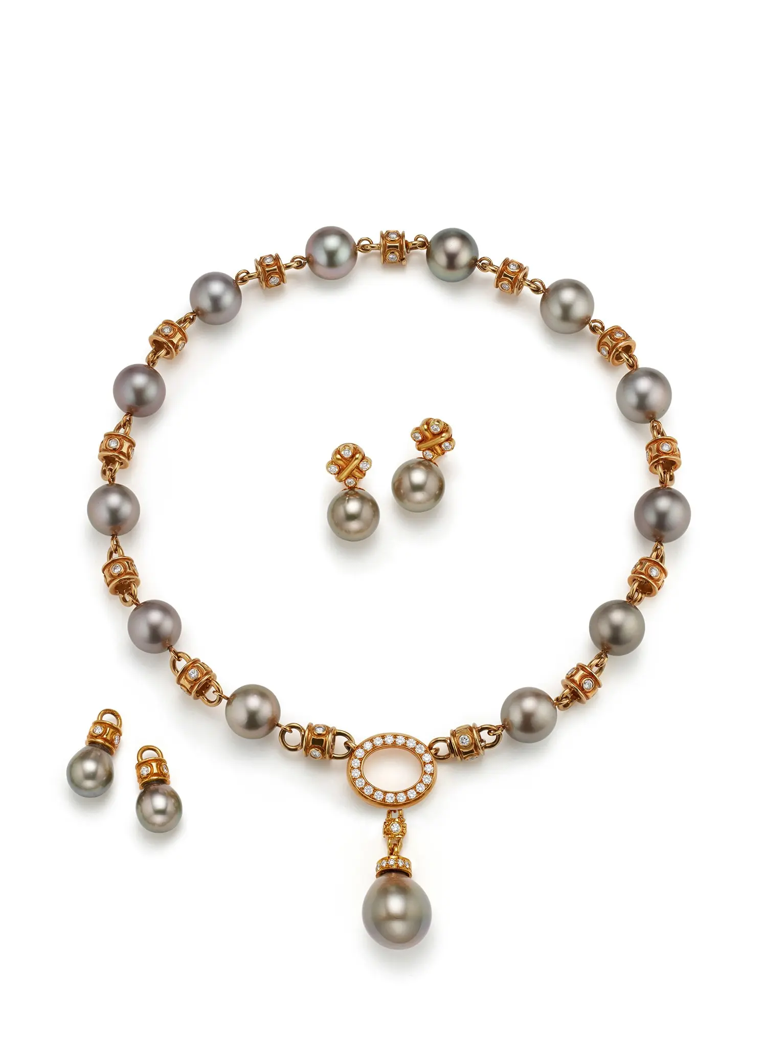 18K yellow gold Tahitian cultured pearl necklace with pavé diamond stations and oval medallion with pearl drop; center mounting customizable, emerald not included