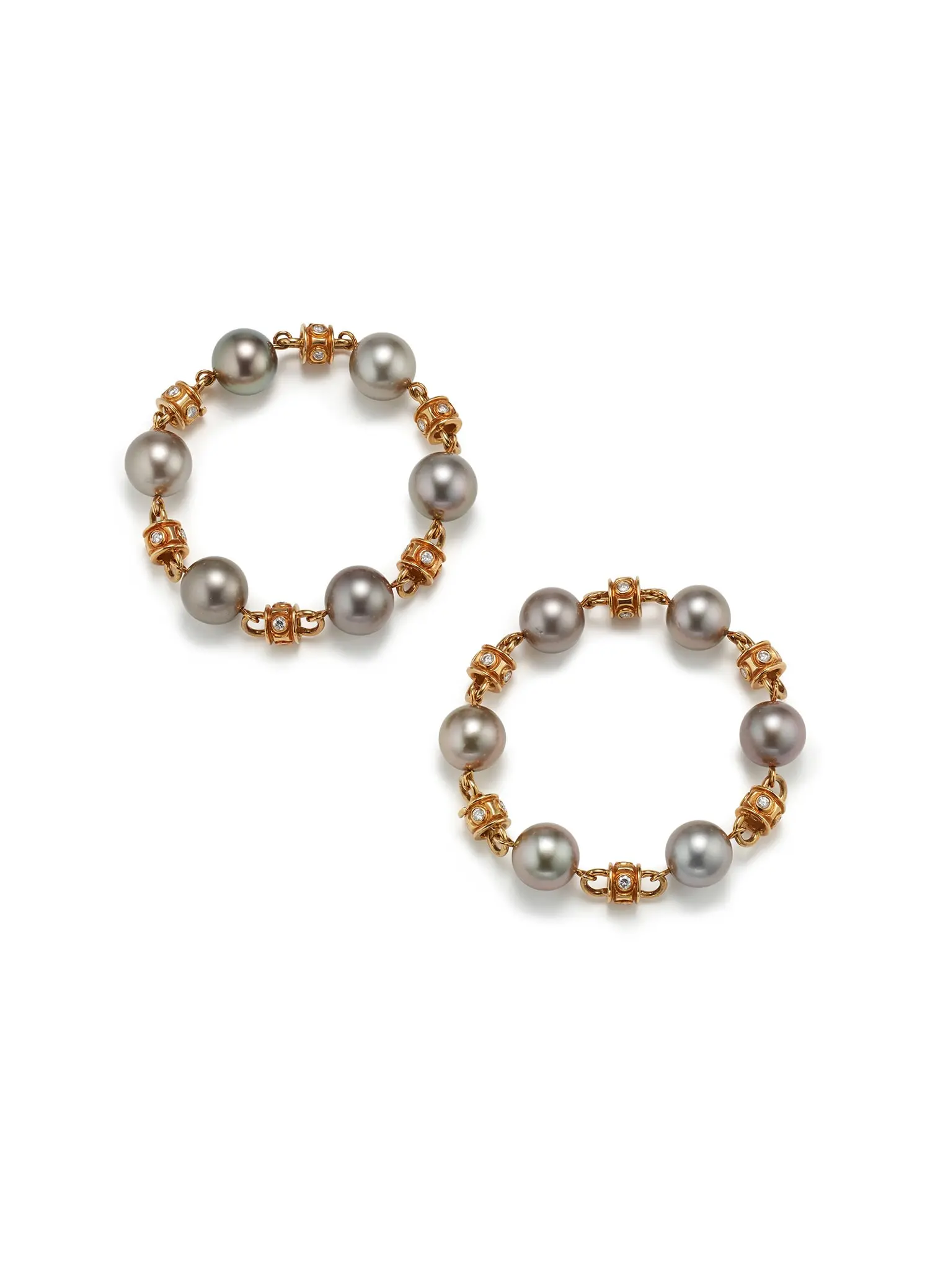 18K yellow gold Tahitian cultured pearl necklace with pavé diamond stations and oval medallion with pearl drop; center mounting customizable, emerald not included