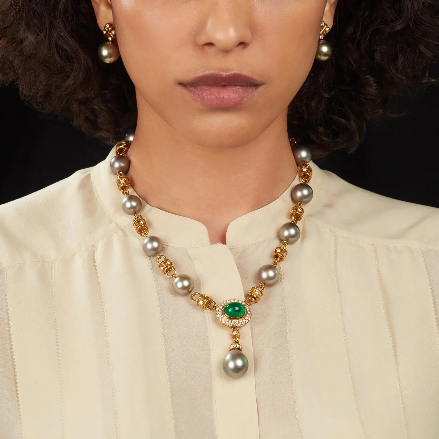 18K yellow gold Tahitian cultured pearl necklace with pavé diamond stations and oval medallion with pearl drop; center mounting customizable, emerald not included