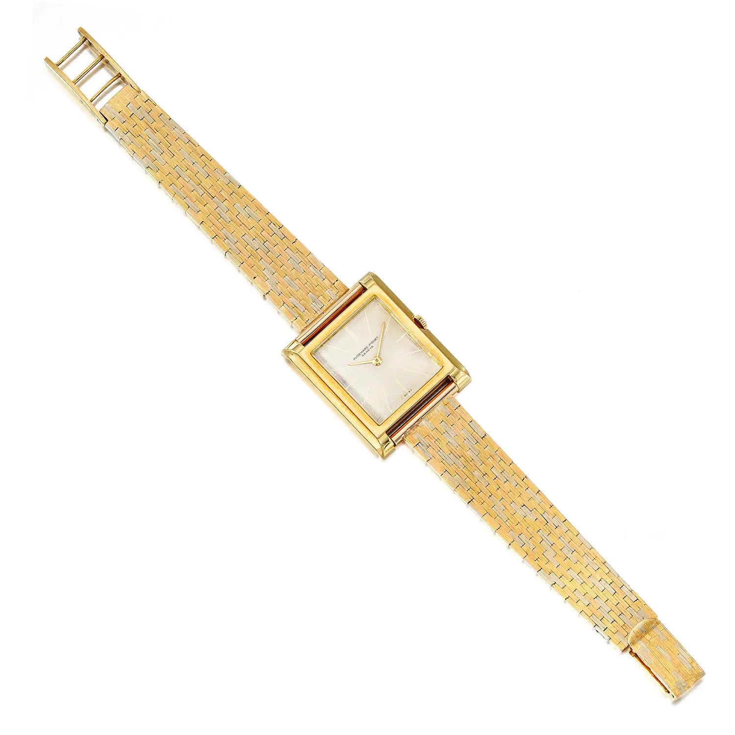 Audemars Piguet manual-wind wristwatch with rectangular 18K yellow-gold case and tri-color (yellow, rose, white) 18K brick-link bracele