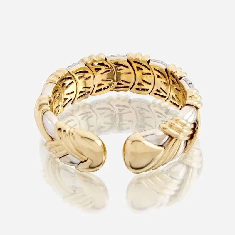 talian 18K yellow and white gold braided necklace with pavé diamond sections, matching semi-flexible cuff bracelet, two-tone suite